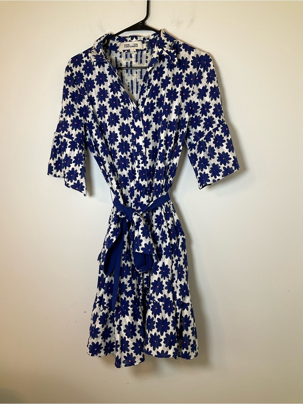 Diane von Furstenberg Floral Shirt Dress Blue White Belted Button Front M